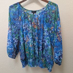 70's Vibe Spense Blue,Orange, +Green Flowy 3/4 Sleeve Blouse. Size Large